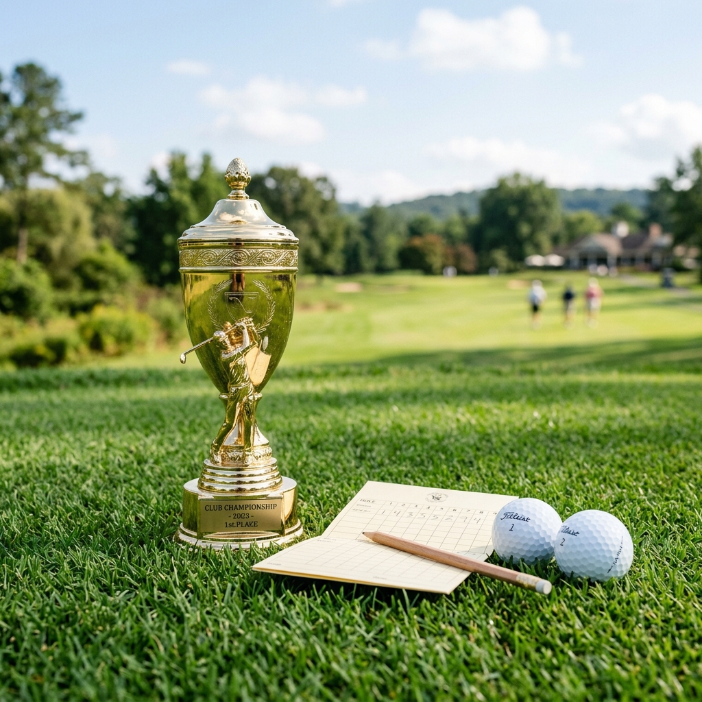 Golden golf trophy on grass with scorecard and golf balls
